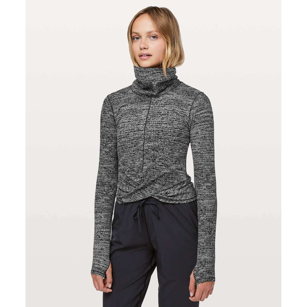 Lululemon Melodic Movement LS Twillines White Black Twisted Hem Turtleneck/6
